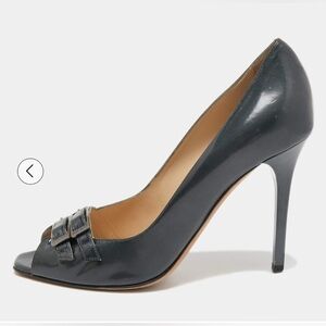 Jimmy Choo Metallic Gray Patent Leather Double Buckle Pumps